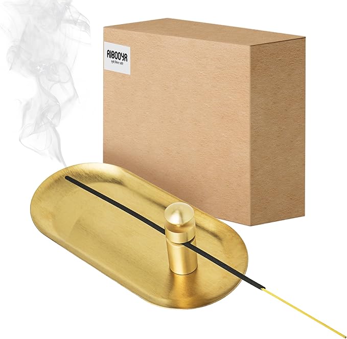 Brass Incense Holder with Tray Set – Zen Meditation Incense Stick Holder, Decorative Copper Incense Burner for Sticks, Elegant Spiritual and Aesthetic Home Decor for Gift Woman