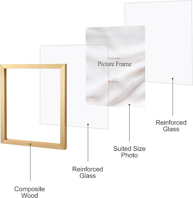 eletecpro 8x10 Floating Picture Frames Set of 2, Clear Double Glass Picture Frames for Wall Mount, Vertical or Horizontal Display Multi-size Photos and Artworks up to 8x10 Inches, Home Decor, Gold