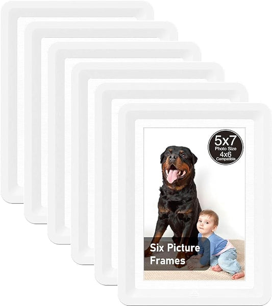 White 5x7 Picture Frame with Acrylic Front 6 Pack, ABS Frame for 5x7 or 4x10 Photos, Shatterproof UV-Resistant Tabletop Photo Frame, Vertical/Horizontal Display for Home Décor