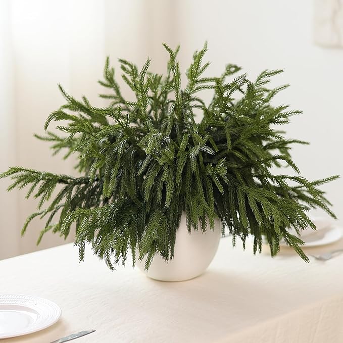 40 Pcs Real Touch Norfolk Pine Branches, Artificial Christmas Green Plants Branch Faux Greenery Stem Fake Pine Picks for Vase DIY Crafts Garland Wreath Xmas Indoor Outdoor Decor(18 Inches)