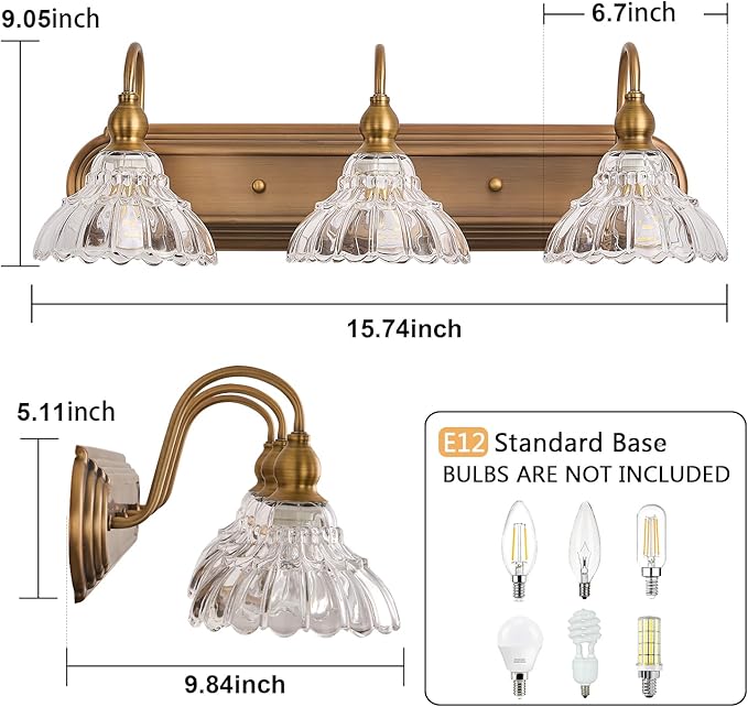 Vintage 3-Light Bathroom Vanity Lighting Fixtures Modern Wall Sconces Brass Glass Retro Vanity Light for Bedroom, Bathroom, Doorway, Farmhouse, Hallway