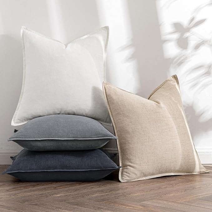 MIULEE Neutral Cream/Gray Linen Pillow Covers Pack of 4 Decorative Natural Solid Throw Pillow Covers Soft Accent Boho Farmhouse Couch Pillowcases Modern Home Decors for Living Room Bed Sofa 20x20 Inch
