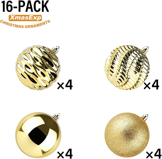 XmasExp 16ct Christmas Balls Ornaments - Shatterproof Large Hanging Ball Decorative Xmas Balls for Holiday Wedding Party Xmas Tree Decoration(3.15"/80mm, Gold)