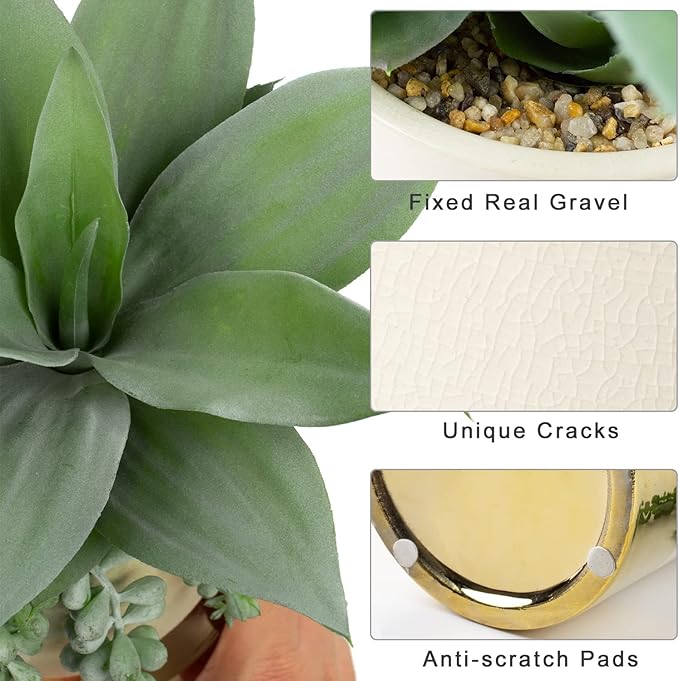Hollyone Large Artificial Succulents Plants Faux Succulents 12" Fake Succulent Plants in Gold Ceramic Pot Succulent Plant for Desk Modern Home Living Room Office Table Shelf Decor