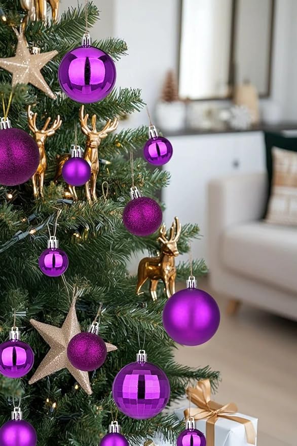 50pcs Christmas Ball Ornaments Purple Shatterproof Christmas Tree Ball Decorations Xmas Tree Purple Ornaments Balls with Hanging Loop for Halloween Xmas Wedding Holiday Party Wreath Home Decor
