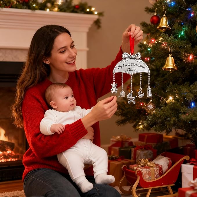 Baby's First Christmas Ornament 2025 My 1st Christmas Mobile Ornament for Girls Boys Newborn Gifts Decor New Baby Keepsake with Hanging Bear Duck Carriage Rattle Pacifier Bottle