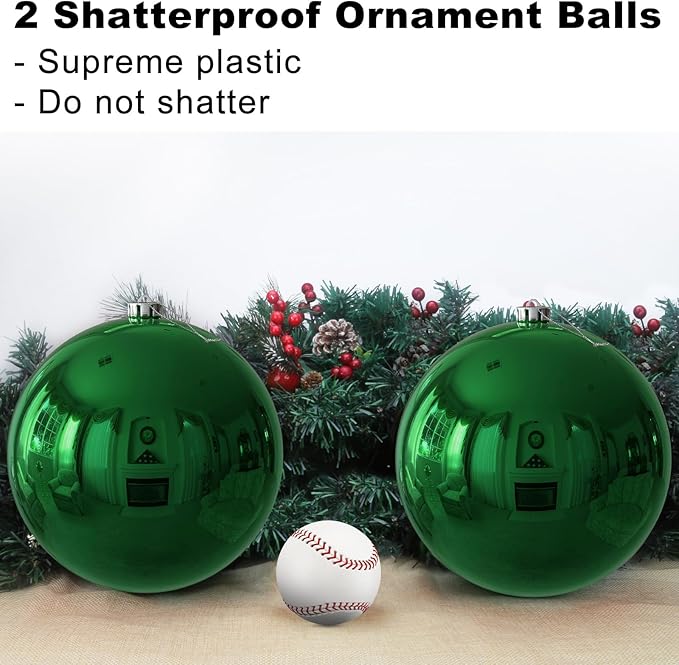 Emerald Green 8.0" Extra Large Christmas Ornaments - Christmas Tree Decoration Balls Shatterproof Hanging Shiny Balls for Birthday Holiday Wedding Decorations Set of 2pcs