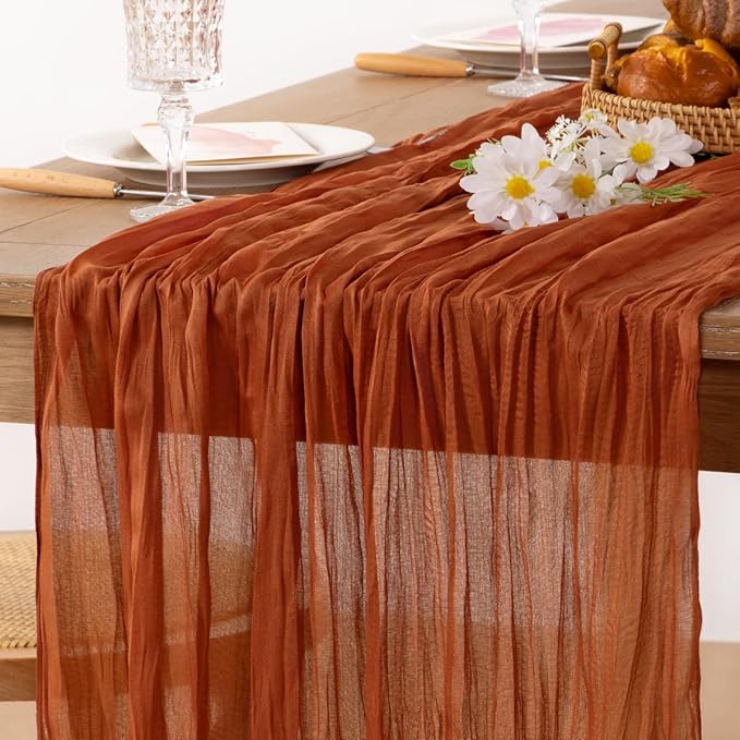 MLMC 3 Pack Terracotta Table Runner 10ft Rustic Burnt Orange Cheesecloth Table Runner 35 x 120 inches Boho Cheese Cloth Centerpiece for Wedding Bridal Shower Pinic Thanksgiving Decor