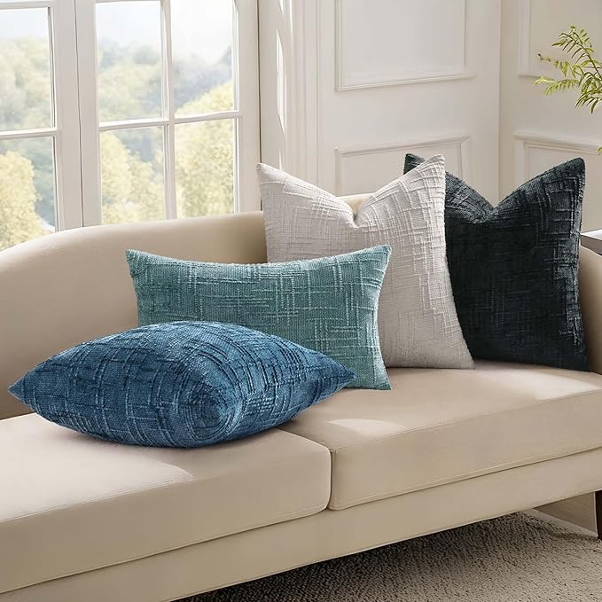 decorUhome Navy Blue Chenille Throw Pillow Covers 16x16 Set of 2 Thick Textured Slubby Couch Pillow Covers Farmhouse Accent Modern Neutral Decorative Pillow Cases for Bed Sofa Living Room