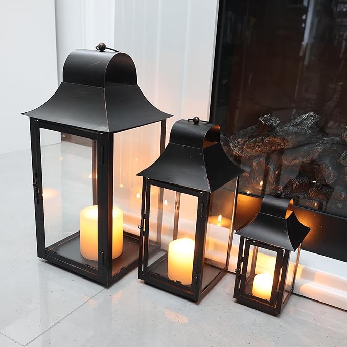 DECORKEY 3Pack Lanterns Decorative Outdoor & Indoor, Large Square Lanterns Decorative for Front Porch, Metal Frame Candle Holders with Glass, Vintage Patio, Pathway, Balcony, Garden, Yard Decor