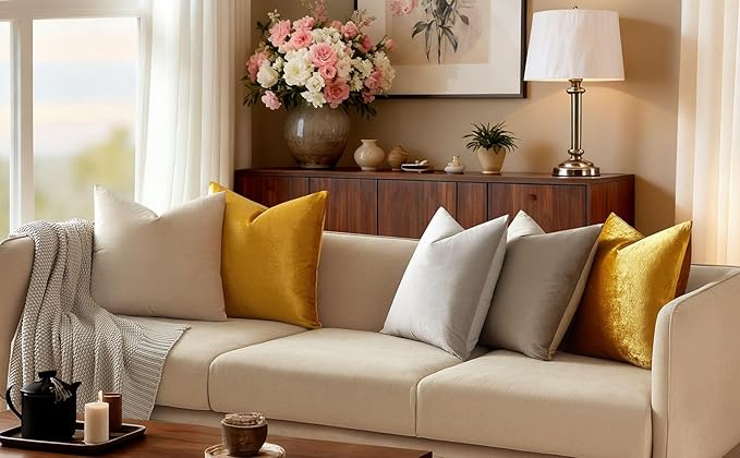 JUSPURBET Golden Velvet Throw Pillow Covers 14x14 Set of 2 for Living Room Couch Sofa Bedroom Decorative Square Solid Soft Cushion Cases with Invisible Zipper
