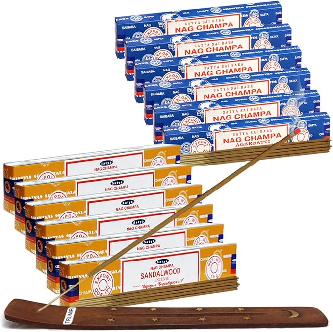 Nag Champa Incense Sticks and Sandalwood Incense Sticks with Incense Holder Bundle for Home Fragrance and Spiritual Décor