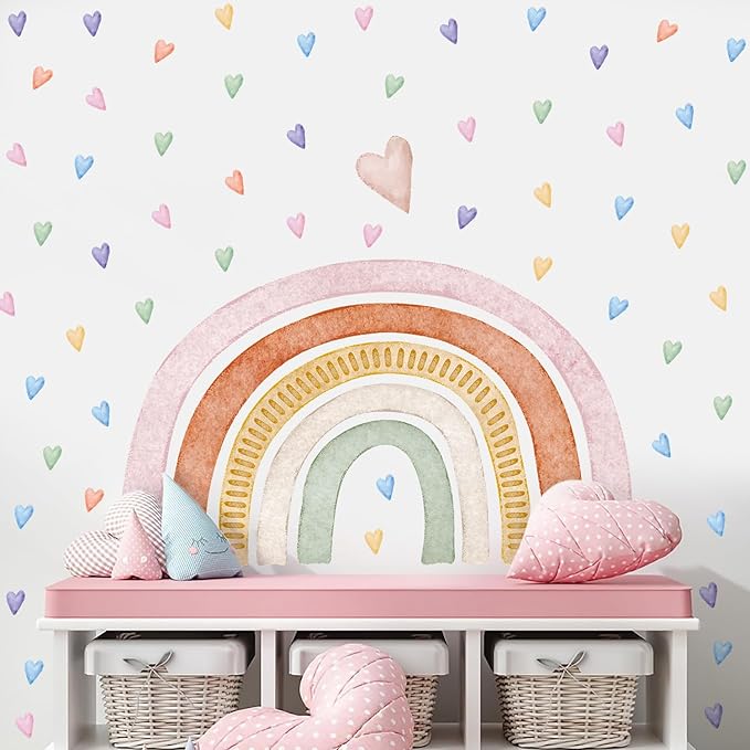 Large Rainbow Wall Decals, Peel and Stick Watercolor Pink Rainbow Wall Stickers, Multicolor Colorful Hearts Wall Decor for Girls Bedroom Nursery Classroom Playroom Living Room