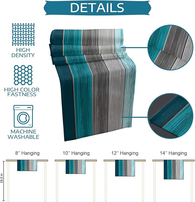 Vandarllin Table Runners 13X70 Inches Long, Ombre Peacock Blue Gray,Cotton Linen Farmhouse Retro Rustic Barn Wood Texture Tablecloths Non-Slip Party Table Decorations for Kitchen,Home,Dining,Outdoor,