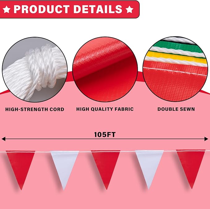 105ft Pennant Banner Flags, 7x10 Red and White 45 Pcs High Visibility Safety Flagging on String, Triangle Pool Flag for Backstroke, Construction Events Party Decoration Parking Marking Outside