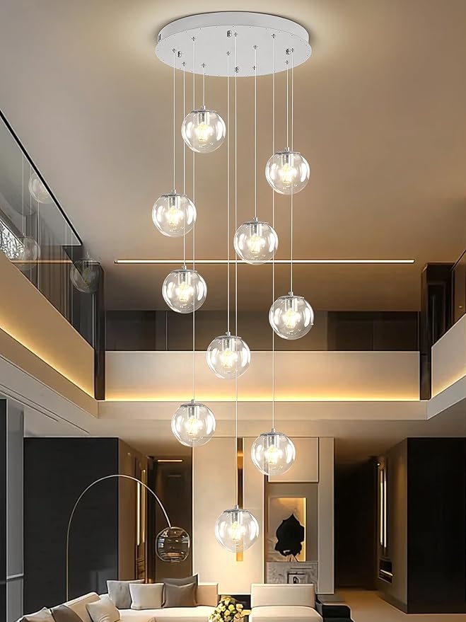 H138 LED Staircase Chandelier 15-Lights Glass Globe Pendant Light Large Chandeliers for High Ceilings, Entryway Modern Lighting Fixture Villas and Stairs