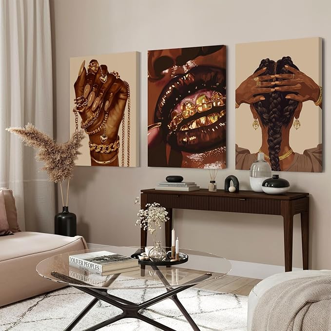 Pouydmi Black Girl Wall Art African Woman Canvas Wall Decor Black Women People Art Painting Gold Fashion Poster African American Girl Pictures for Bedroom Living Room 16x24x3 Inch Ready to Hang