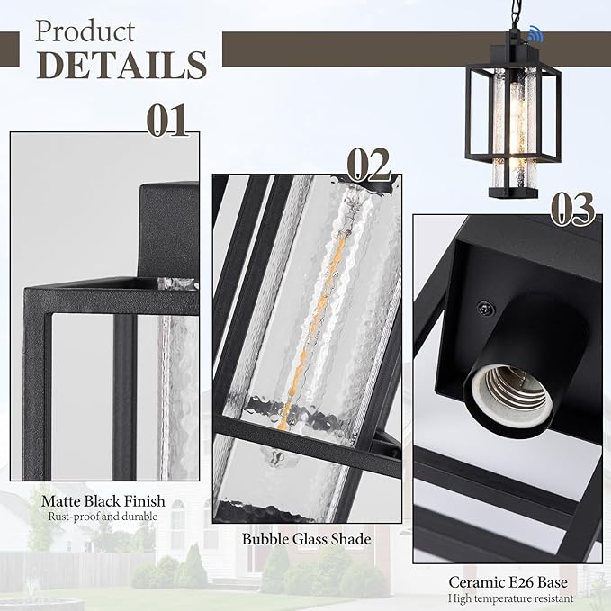 Outdoor Pendant Light Fixture, 16" Dusk to Dawn Exterior Chandelier Porch Hanging Light with Bubble Glass, Moder Black Outside Hanging Lantern for Porch Gazebo, OS-KY1005