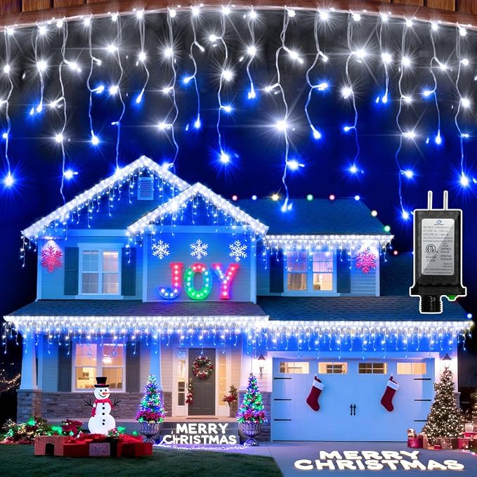 612 LED Christmas Lights with 136 Drops, 60ft 12 Modes Hanging ice String Lights with Timer & Dimmable & Waterproof, Plug-in Fairy Lights for Holiday Wedding Party Christmas Decor Blue & CoolWhite