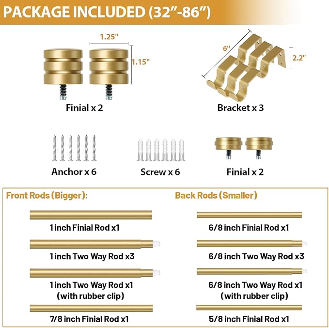 TONIAL1 Inch Double Curtain Rods for Windows 48 to 84 Inches, Heavy Duty Decorative Drapery Rod 32 to 86 Inches with Classic Cap Finial, Gold