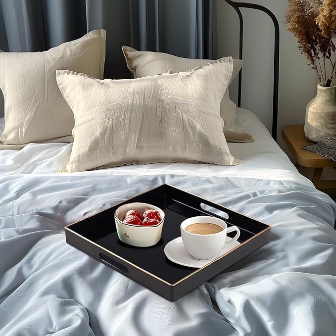MAONAME Decorative Tray, Black Serving Tray with Handles, Coffee Table Trays, Square Plastic Trays for Ottoman, Bathroom, Kitchen, 13"x13"x1.57"