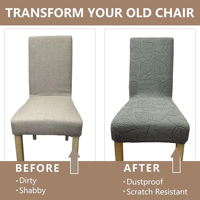 Dining Chair Covers,Dining Room Chair Covers Set of 6,Printed Chair Slipcover, Soft Removable Washable,Pet Friendly Furniture Protector Seat Cover,Universal Fit for Hotel,Banquet（Dark Gray Leaf）