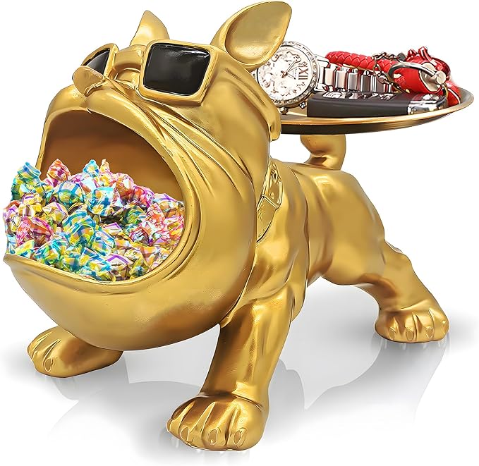Resin French Bulldog Tray Statue, Bulldog Candy Dish Key Holder Bowl, French Bulldog Accessories, Statues for Office Desk Home Decor Figurines Entryway Table Decor (Gold)