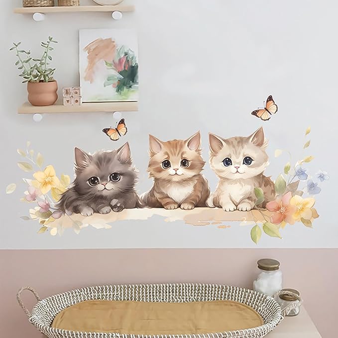 Cute Cat Wall Decals – Watercolor Kitten Wall Stickers with Flowers and Butterflies, Removable Vinyl Wall Art for Bedroom, Living Room, Office, or Home Decoration