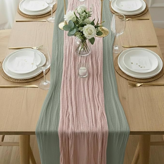 Cheesecloth Table Runner 2 Pack Sage Green and Dusty Pink, Boho Gauze Table Runner 10Ft 120 Inches Long for Wedding Decor, Party & Home Table Decoration