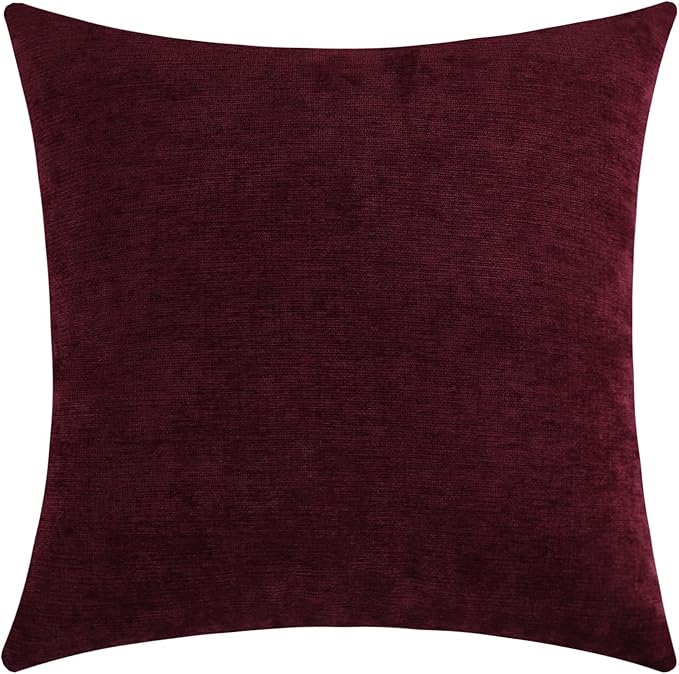 Burgundy Red Chenille Decorative Couch Throw Pillow Covers, Soft Cushion Cases for Home Livingroom Sofa Décor, Pack of 1, 24 x 24 Inches