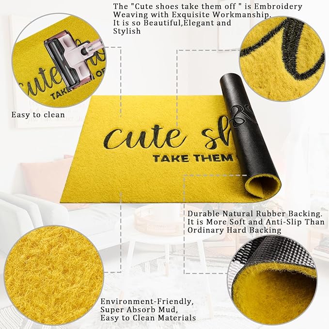 Spring Door Mats for Home Entrance Funny Front Door Mats Cute Shoes Take Them Off Heavy Duty Easy Clean Doormat Indoor Outdoor Mat for Spring Door Way Kitchen Entry Home Entryway Yellow