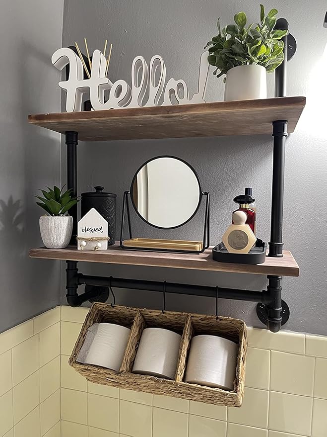 ROGMARS Industrial Pipe Shelf Floating Shelves Bathroom Pipe Shelving Farmhouse Bathroom Shelves with Towel Bar Towel Rack Over Toilet Industrial Shelf Rustic Wall Wood Shelves 19.7 Inch
