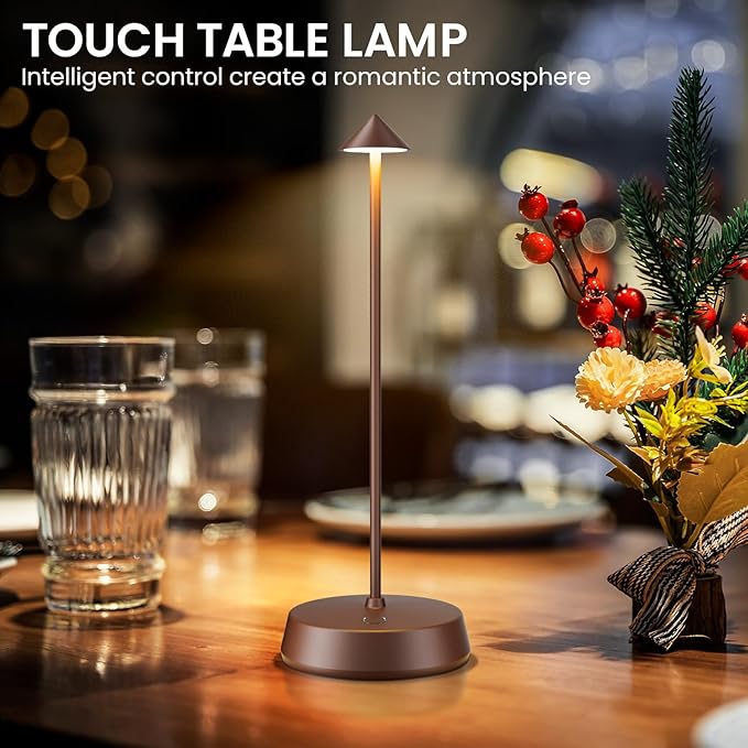 Small Cordless LED Table Lamp Rechargeable Battery Operated 6000mAh Touch Dimmable Lamp IP54 Waterproof Portable Wireless Table Light for Home Restaurant Bar Indoor/Outdoor（Brown-2PC）