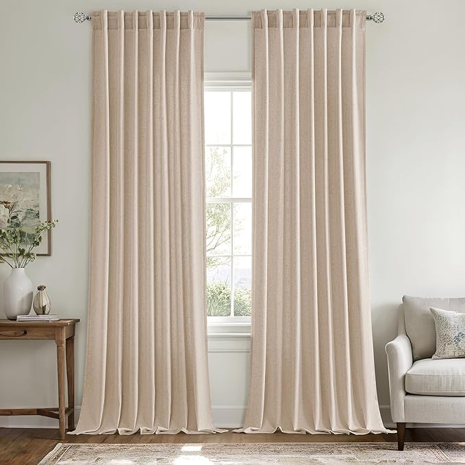 MIULEE Non-See-Through Privacy Linen Curtains 2 Panels, Light Filtering Window Curtains Farnhouse Textured Back Tab Semi Sheer Drapes for Bedroom Living Room, 52 x 96 Inches Long, Beige