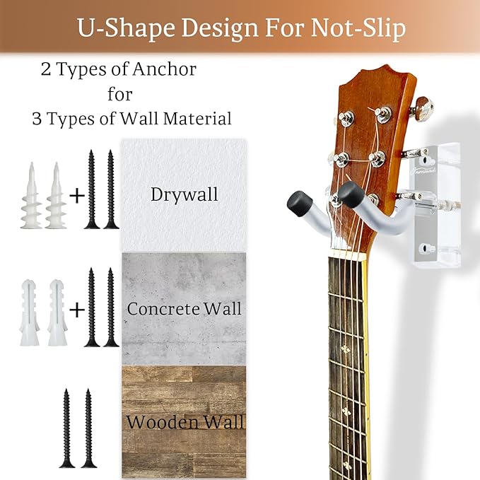 Guitar Wall Mount 2 Pack, Acrylic Guitar Hanger, U-Shaped Guitar Wall Hanger Mount, Guitar Holder Hook Stand Wall for Acoustic, Electric Guitar, Banjo, Bass, for Guitar Player Men Boy
