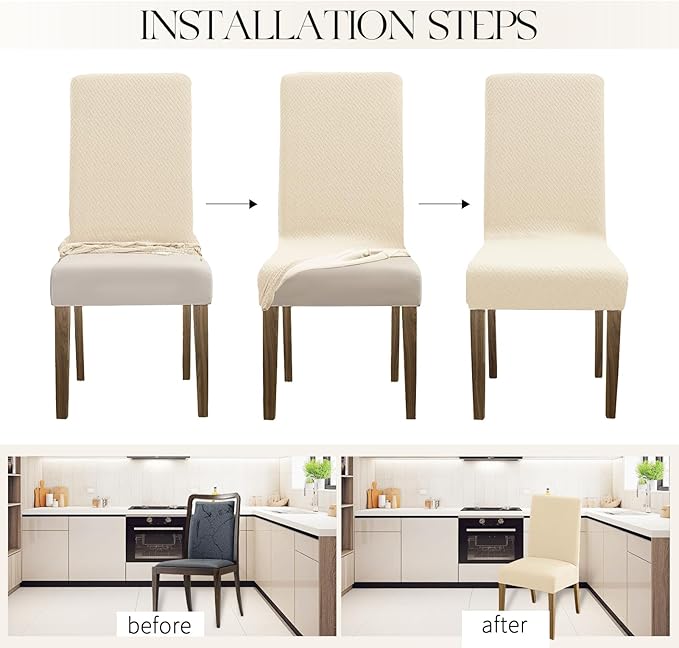MOSAYT 100% Waterproof Dining Room Chair Covers Set of 4, Super Fit Stretch Jacquard Parson Chairs Slipcovers Removable Washable Chair Seat Protectors for Home, Kitchen, Banquet (Beige - XL)