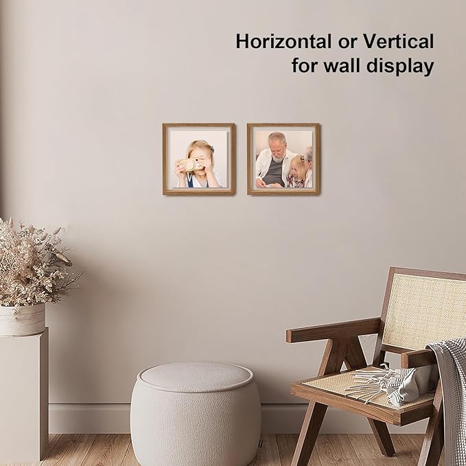Egofine 8x8 Floating Frames Set of 2, Double Plexiglass Picture Frame, Made of Solid Wood Display Any Size Photo up to 8x8, Wall Mount or Tabletop Standing, Carbonized