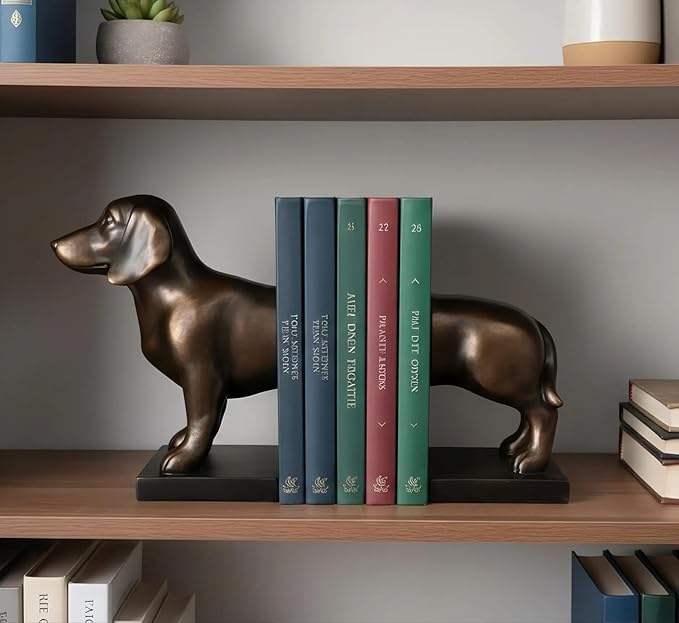 Comfy Hour Dachshund Dog Decorative Bookends, 12" Unique Wiener Dog Book Ends for Shelves, Heavy Duty Polyresin Book Stopper for Books, 1 Pair, Dark Copper
