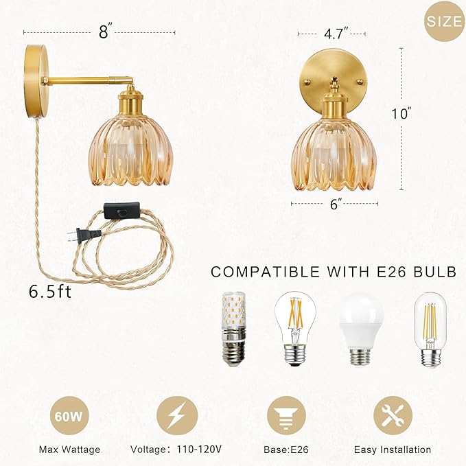 Plug in Wall Sconces Set of 2, Vintage Wall Lamp with Plug in Cord Amber Tulip Shade Decor Indoor, Gold Wall Light for Bedroom Bedside Kids Living Room Bathroom