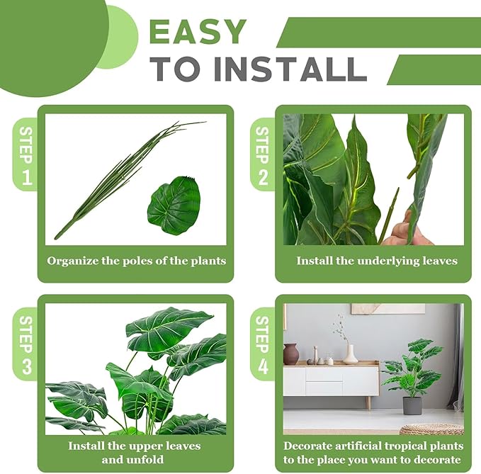 Artificial Faux Alocasia Tree Leave Plants - 4PCS 28'' Tall Fake Alocasia Leaf Plant Indoor Outdoor, Large Faux Floor Plant for Living Room Bathroom Bedroom Plants Decor, Farmhouse Home House Decor