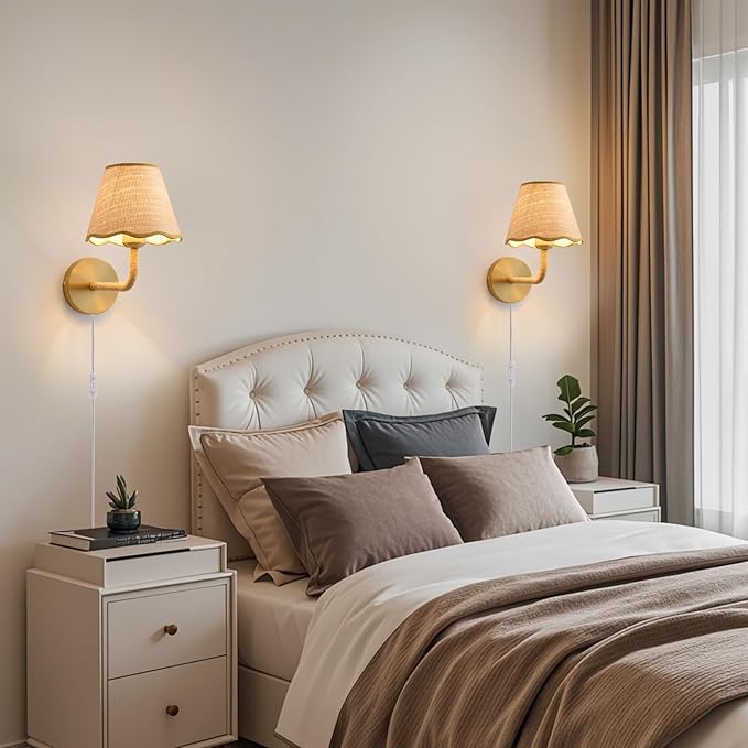 Set of Two Plug in Wall Sconce with 70.8inch Cord and Switch, Hand Woven Ratten Wall Sconces with Grass-Woven Lampshade for Bedroom Living Room Hallway Porch, E26 Base
