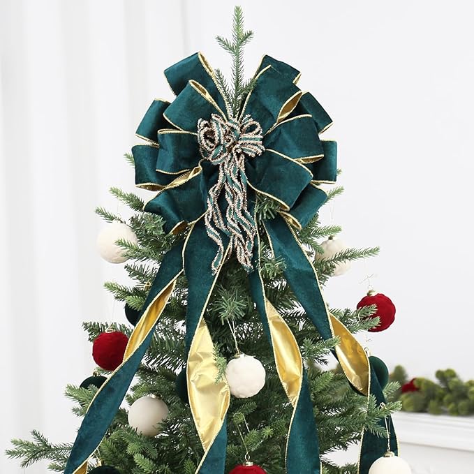 Green/Gold Velvet Christmas Tree Topper, 48x12 Inch Christmas Bow Tree Topper for Xmas Tree Decorations, for Xmas Ornaments Holiday Home Indoor/Outdoor Wedding Thanksgiving Decor.