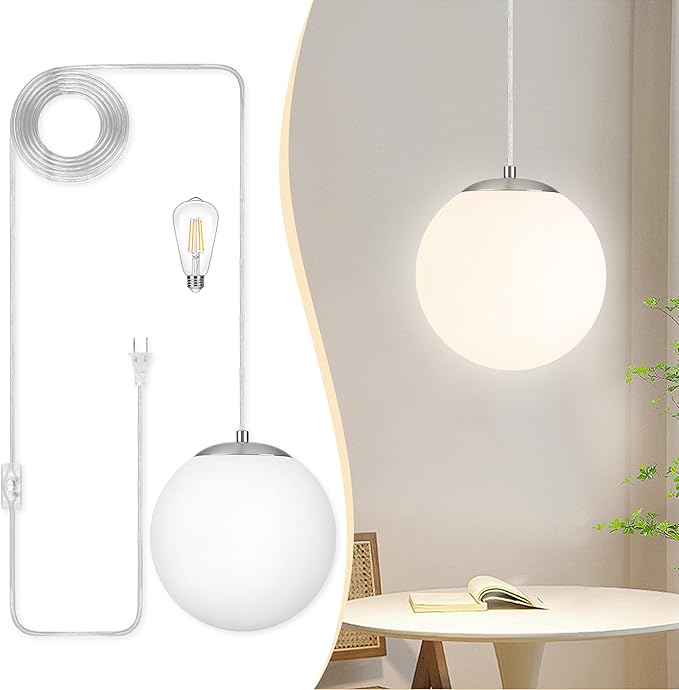 KoKo&Yukina 10" Globe Pendant Light Nickel Plug in Pendant Light Adjustable Hanging Lights with Plug in Cord Nickel Finished with Milk Glass Lampshade for Bedroom Kitchen Island（Bulb Included）