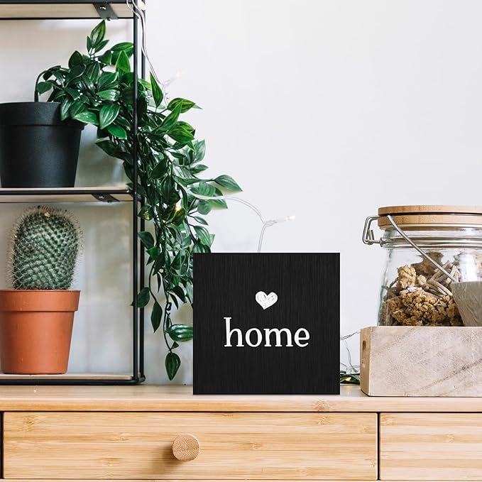 Home Sign, Home Signs for House Decor, Welcome Sign, Rustic Farmhouse Desk Decor Wood Block Box Plaque for Living Room Wall Shelf, Housewarming Gifts (Black)
