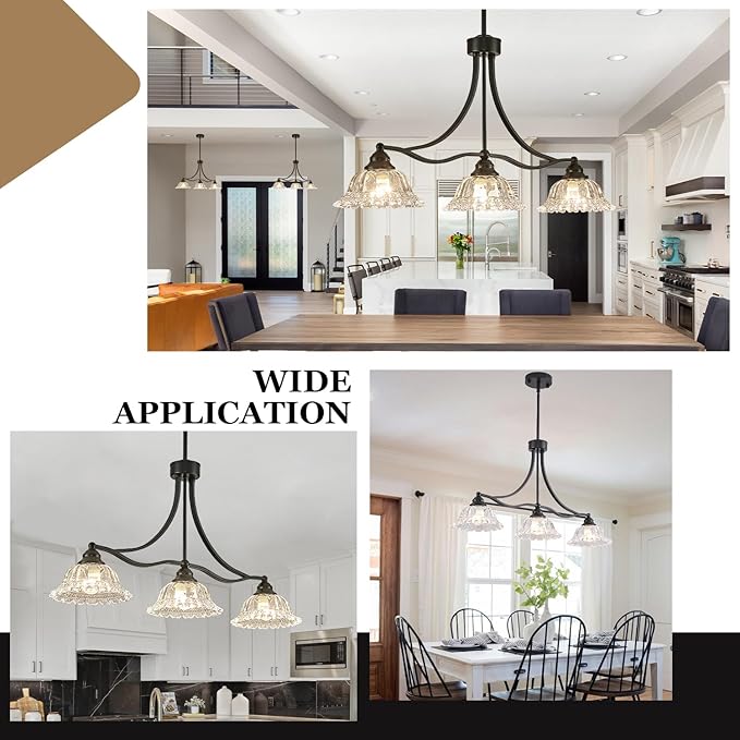 3-Light Vintage Pendant Light Fixtures for Dining Room,Black Kitchen Island Hanging Light with Flower Lampshade, Adjustable Height Ceiling Island Lamp for Kitchen Table Hallway