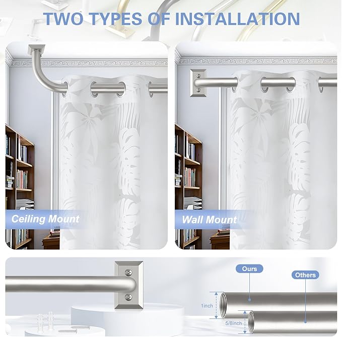 Nickel Wrap Around Curtain Rods:Blackout Heavy Duty Adjustable Window Curtain Rod for Bedroom Kitchen,Modern Decorative Curved French Metal Single Drapery Rod Easy Install,Satin Nickel 36-72"