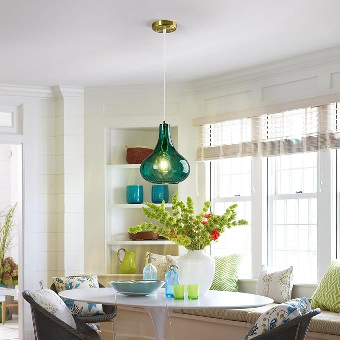 Modern Glass Pendant Light 9.44 in Green Hammered Glass Shade Gold Farmhouse Island Pendant Lights for Kitchen Pendant Lighting Over Sink Bedroom Dining Room