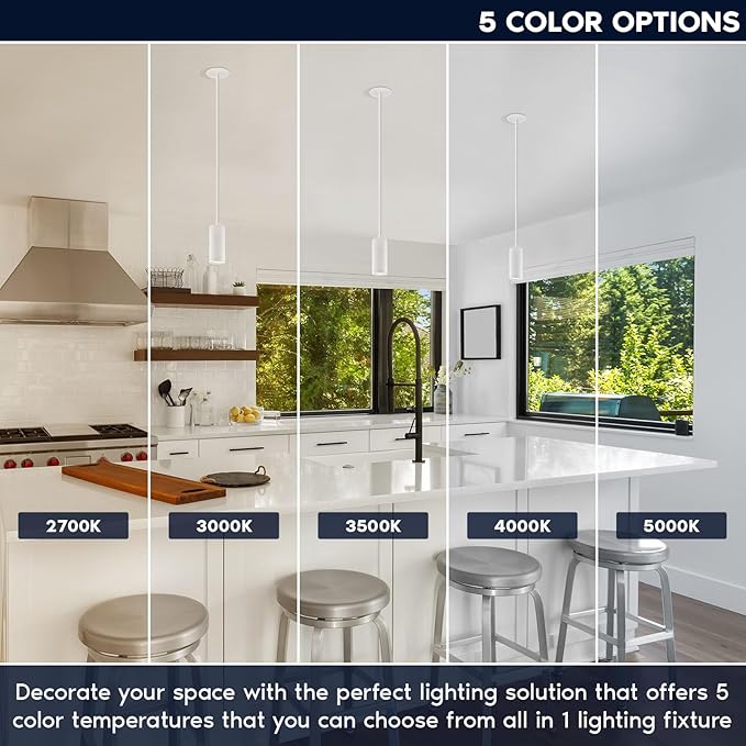 LUXRITE 2.5-Inch LED Cylinder Pendant Light with 1FT Surface Mount Cable, 5CCT 2700K-5000K Selectable, CRI90, 1100LM, 15W, TRIAC/0-10V Dimmable, Universal Voltage 120V-277V, IC Rated ETL, White Finish