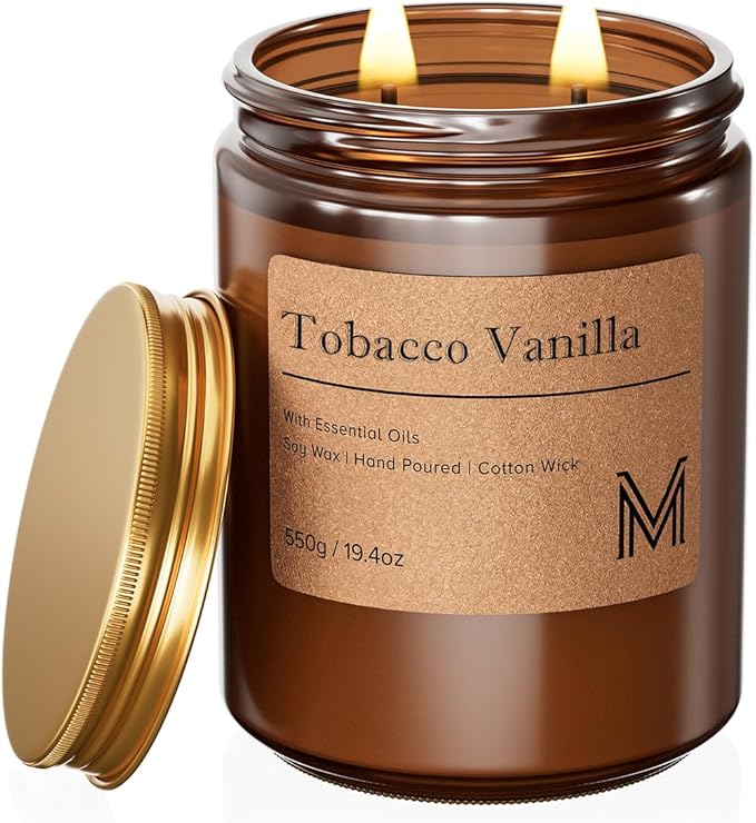 M&SENSE Tobacco Vanilla Scented Christmas Candle Gift | 19.4oz, 115-Hour Burn | Natural Organic Soy Wax | Long-Lasting for Stress Relief and Gifting | for Christmas, Thanksgiving, Holiday