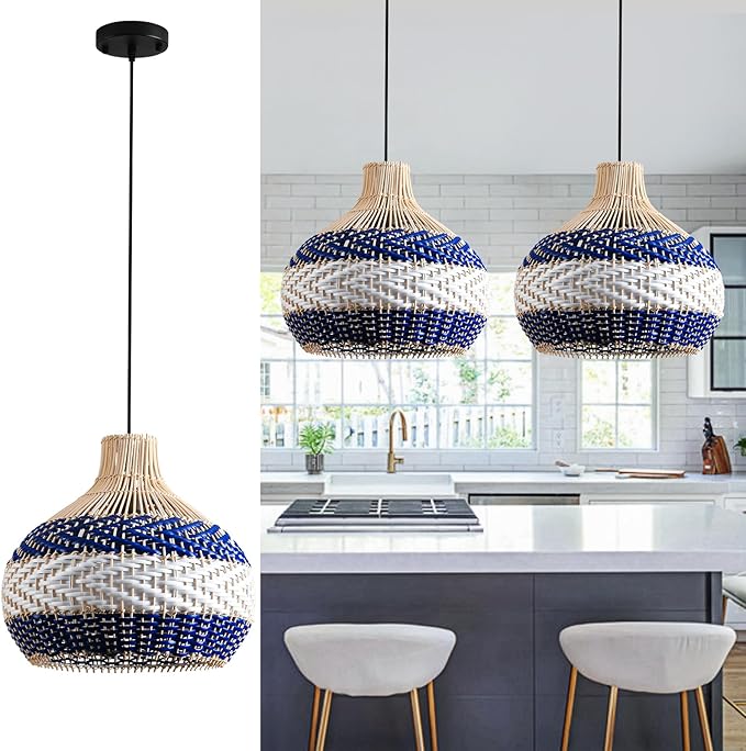 3-Light Rattan Pendant Light 15" Hand-Woven Blue White Wicker Basket Chandelier1-Pack Boho Faux Rattan Hanging Light,for Living Room Bedroom Kitchen Hallway Dining Farmhouse